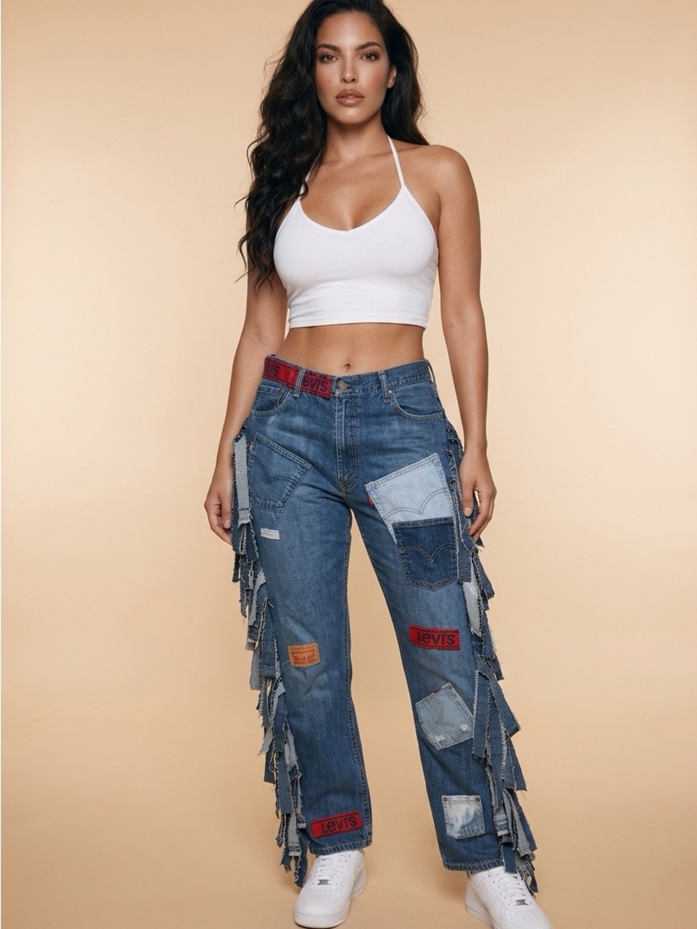 Upcycled Levi's Blue Patchwork signature Fringe Jeans size L/XL